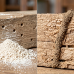 A side-by-side comparison of wood damage: wood borer exit holes with fine white powder vs. subterranean termite mud tubes and hollowed wood texture.